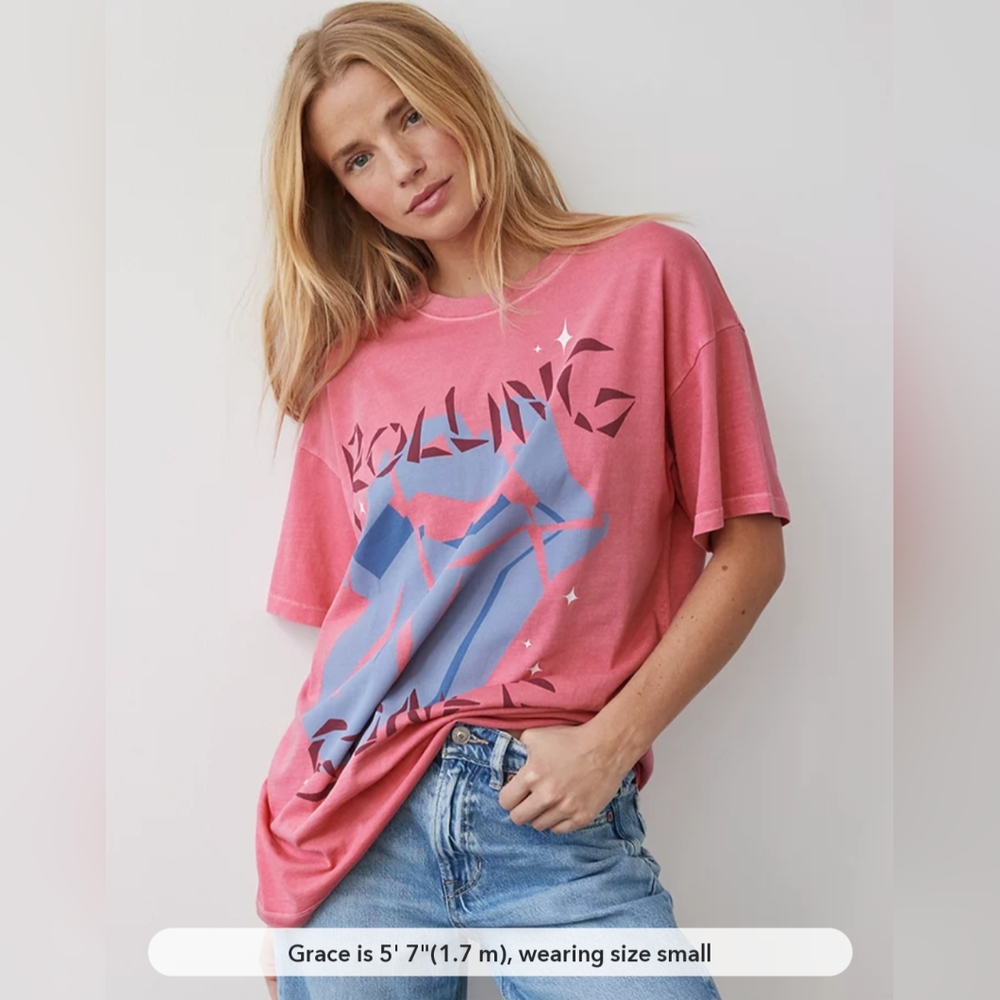 🤘 American Eagle AE Oversized Rolling Stones Hackney Diamonds Graphic Tee PINK